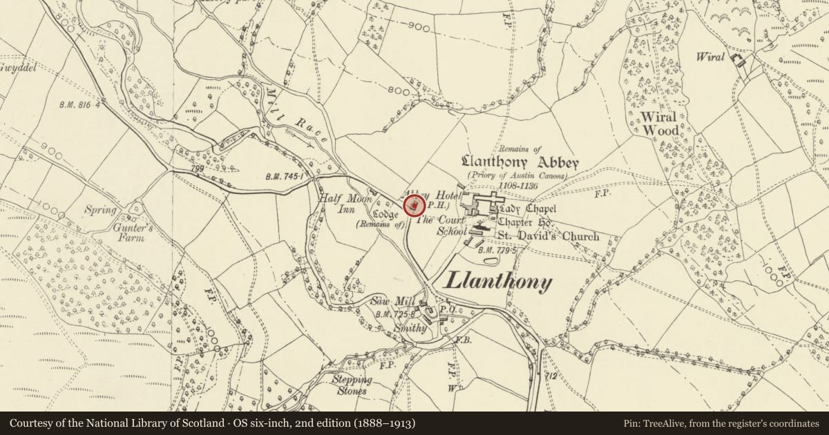 Ordnance Survey six-inch map, 2nd edition (1888–1913) covering the location of Barn at Court Farm with the attached precinct wall, Crucorney, Monmouthshire, with a pin at the register's coordinates