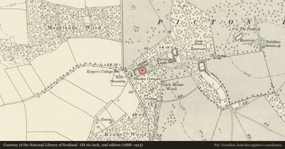 Ordnance Survey six-inch map, 2nd edition (1888–1913) covering the location of Walled Garden at Picton Castle, Slebech, Pembrokeshire, with a pin at the register's coordinates