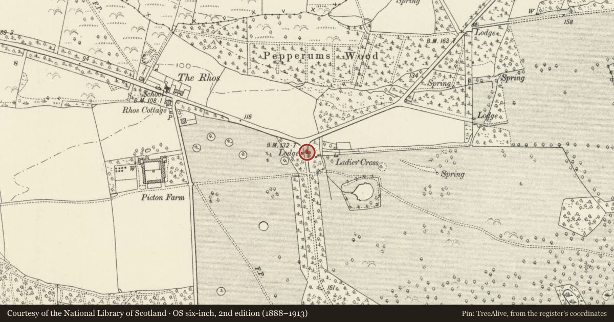 Ordnance Survey six-inch map, 2nd edition (1888–1913) covering the location of Gates, Piers and Railings at North Entrance Lodges to Picton Castle, Slebech, Pembrokeshire, with a pin at the register's coordinates
