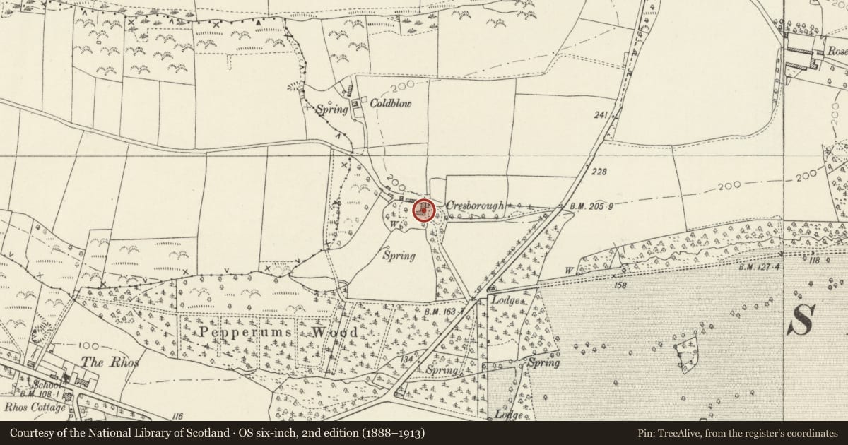 Ordnance Survey six-inch map, 2nd edition (1888–1913) covering the location of Cresborough, Slebech, Pembrokeshire, with a pin at the register's coordinates