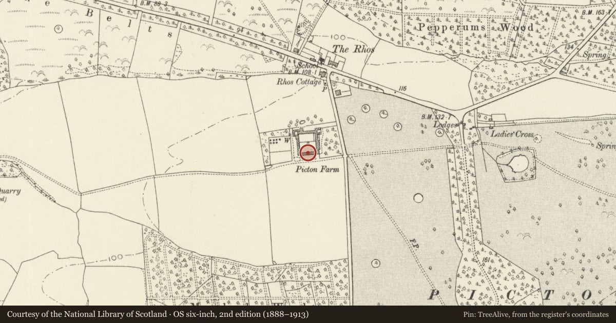 Ordnance Survey six-inch map, 2nd edition (1888–1913) covering the location of Picton Home Farm, Slebech, Pembrokeshire, with a pin at the register's coordinates