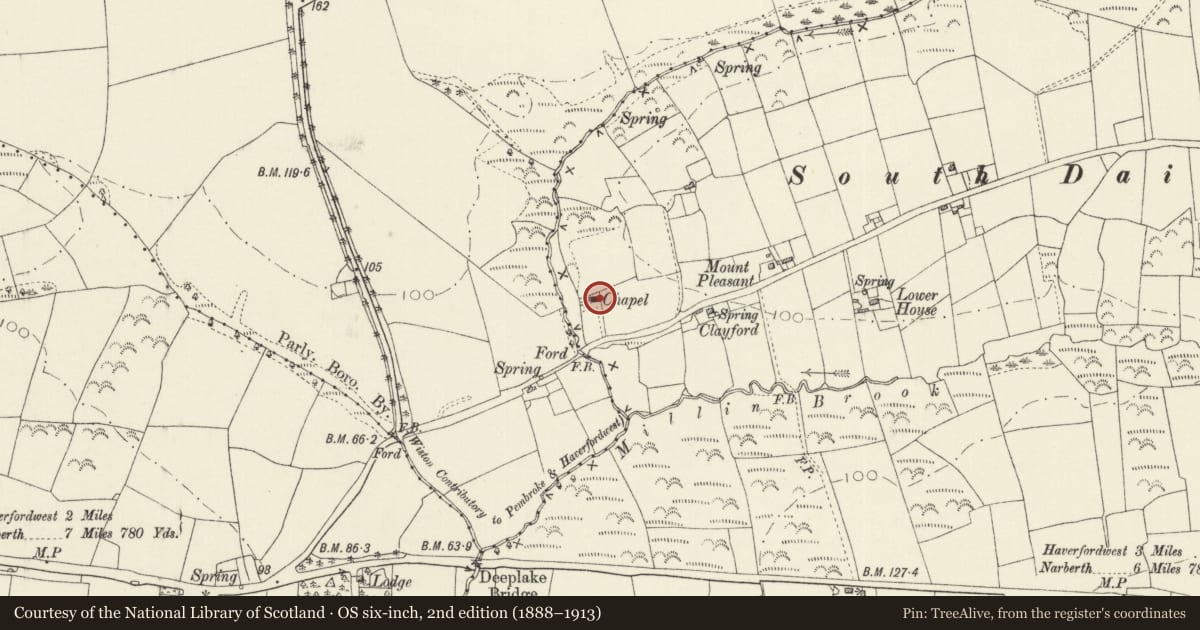 Ordnance Survey six-inch map, 2nd edition (1888–1913) covering the location of Zion Baptist Chapel, Slebech, Pembrokeshire, with a pin at the register's coordinates