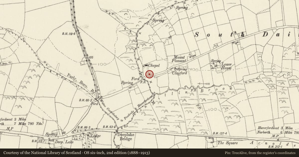 Ordnance Survey six-inch map, 2nd edition (1888–1913) covering the location of Gates of Baptist Chapel, Slebech, Pembrokeshire, with a pin at the register's coordinates
