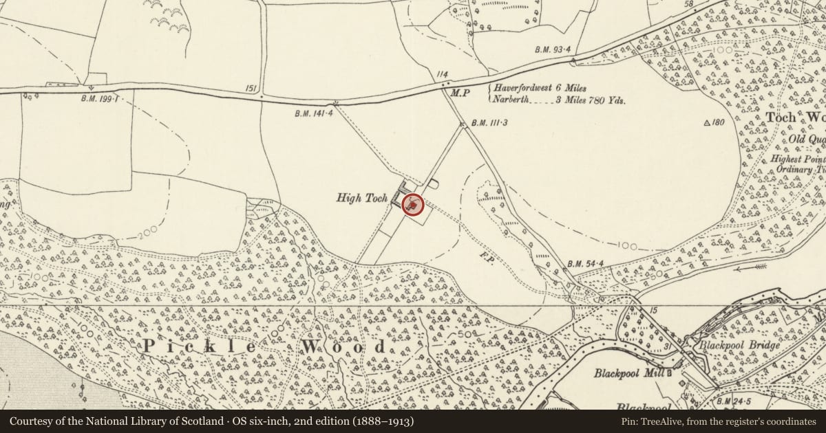 Ordnance Survey six-inch map, 2nd edition (1888–1913) covering the location of High Toch Farmhouse, Slebech, Pembrokeshire, with a pin at the register's coordinates