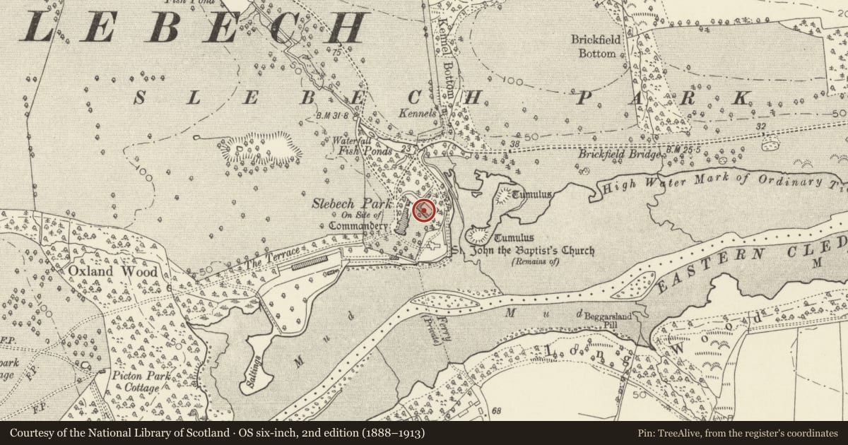 Ordnance Survey six-inch map, 2nd edition (1888–1913) covering the location of Stable Block adjacent to Slebech Park, Pembrokeshire, with a pin at the register's coordinates