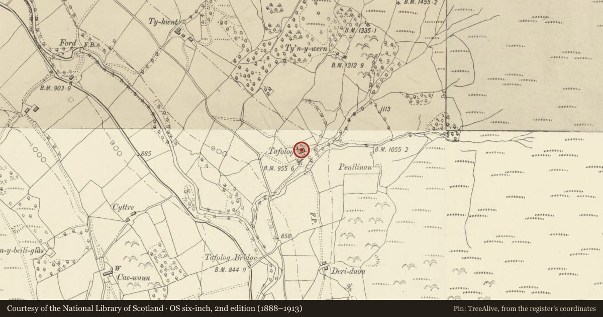 Ordnance Survey six-inch map, 2nd edition (1888–1913) covering the location of Tafolog Farmhouse, Crucorney, Monmouthshire, with a pin at the register's coordinates