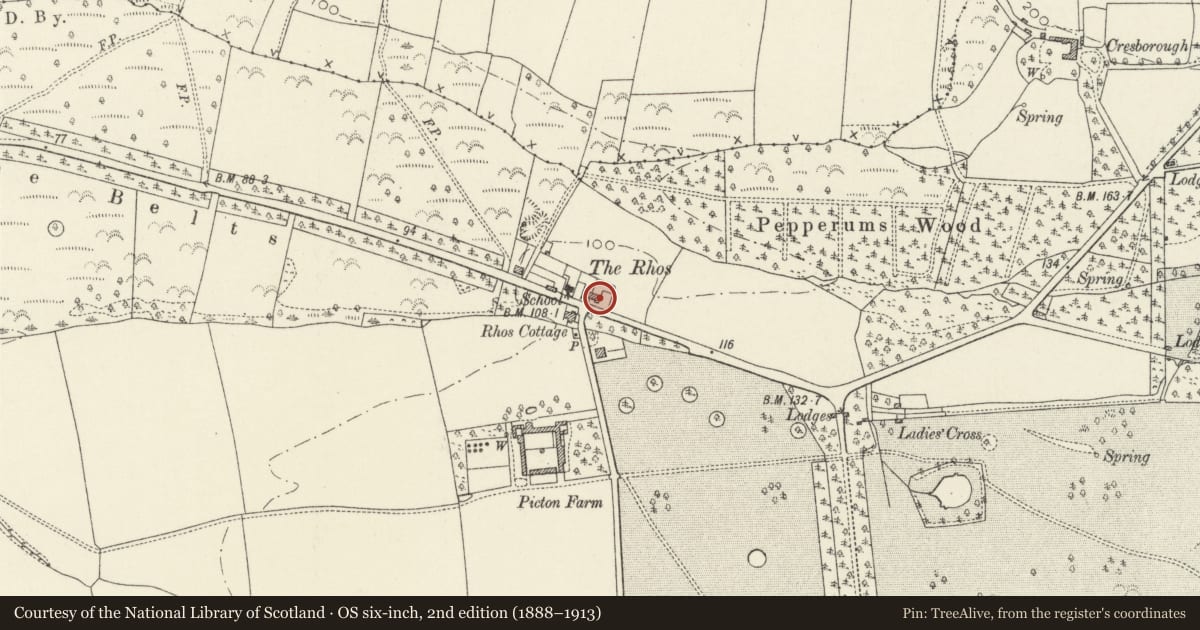 Ordnance Survey six-inch map, 2nd edition (1888–1913) covering the location of 4, The Rhos, Slebech, Pembrokeshire, with a pin at the register's coordinates