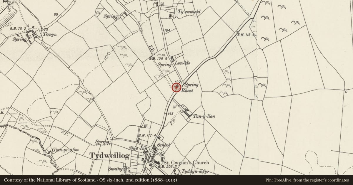Ordnance Survey six-inch map, 2nd edition (1888–1913) covering the location of Rhent, Tudweiliog, Gwynedd, with a pin at the register's coordinates