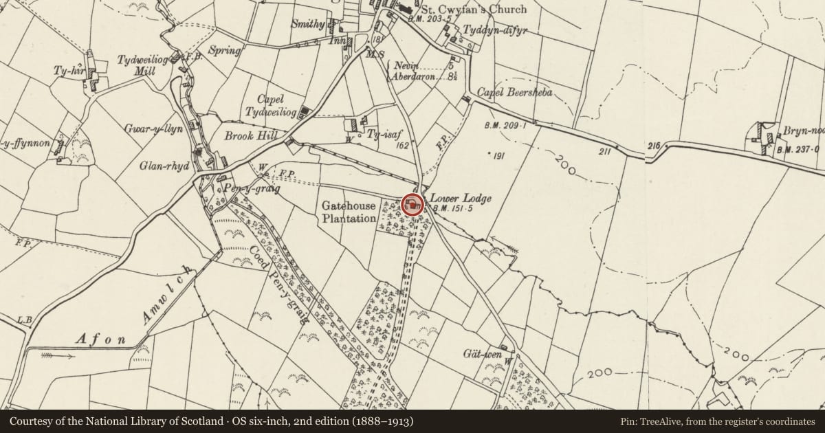 Ordnance Survey six-inch map, 2nd edition (1888–1913) covering the location of Lower Lodge at Cefnamwlch, Tudweiliog, Gwynedd, with a pin at the register's coordinates