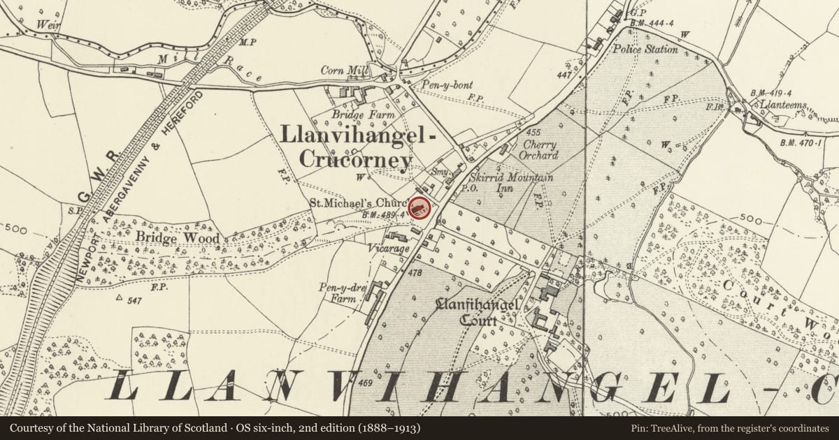 Ordnance Survey six-inch map, 2nd edition (1888–1913) covering the location of Church of St Michael, Crucorney, Monmouthshire, with a pin at the register's coordinates