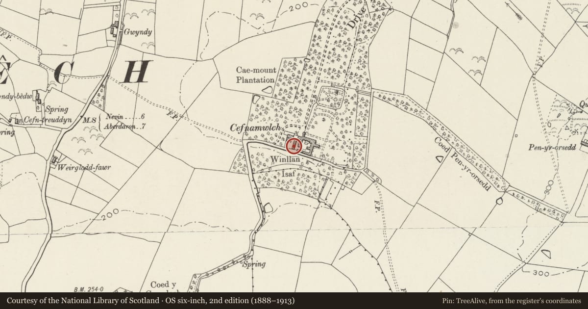 Ordnance Survey six-inch map, 2nd edition (1888–1913) covering the location of Barn Range at Cefnamwlch, Tudweiliog, Gwynedd, with a pin at the register's coordinates