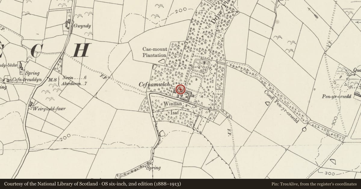Ordnance Survey six-inch map, 2nd edition (1888–1913) covering the location of Garden Gates at Cefnamwlch, Tudweiliog, Gwynedd, with a pin at the register's coordinates