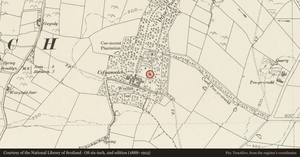 Ordnance Survey six-inch map, 2nd edition (1888–1913) covering the location of Font in garden at Cefnamwlch, Tudweiliog, Gwynedd, with a pin at the register's coordinates