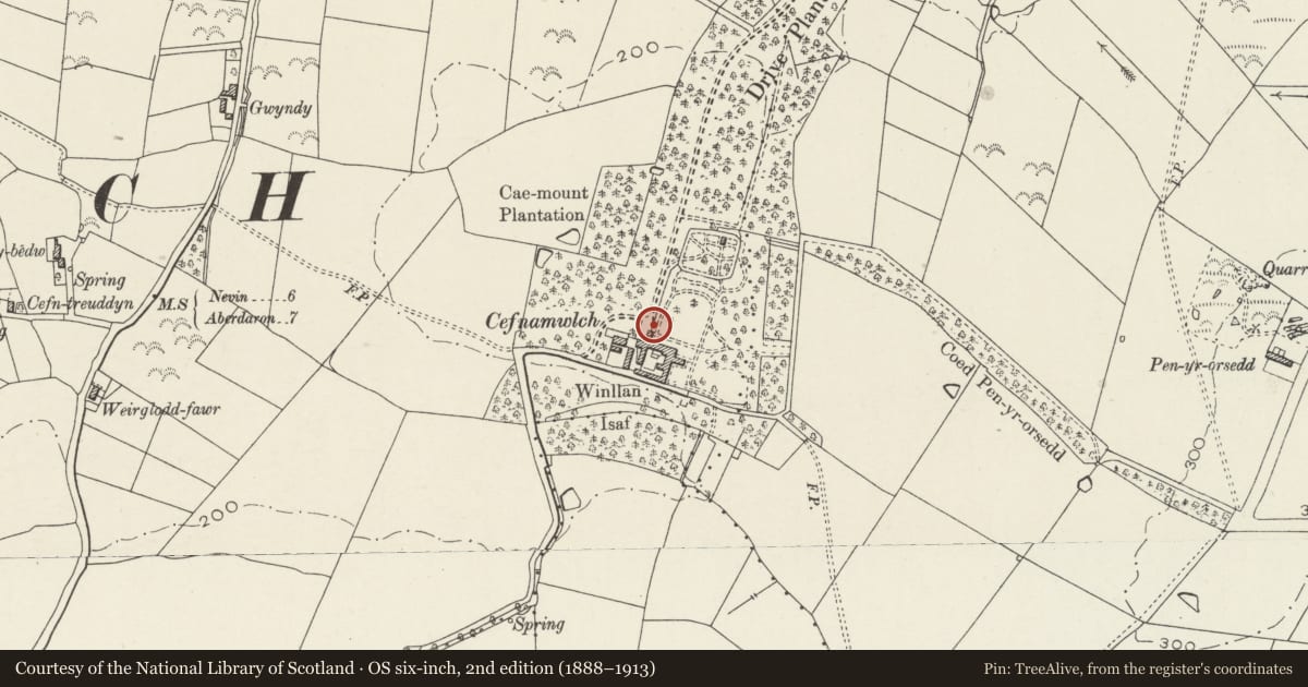 Ordnance Survey six-inch map, 2nd edition (1888–1913) covering the location of Mounting Block at Cefnamwlch, Tudweiliog, Gwynedd, with a pin at the register's coordinates