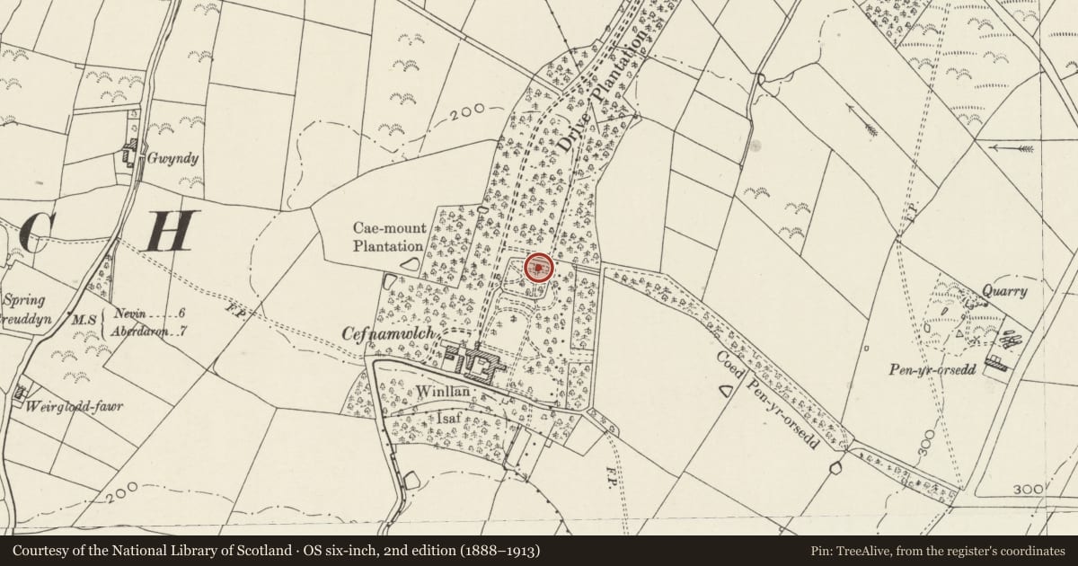 Ordnance Survey six-inch map, 2nd edition (1888–1913) covering the location of Summerhouse in walled garden at Cefnamwlch, Tudweiliog, Gwynedd, with a pin at the register's coordinates