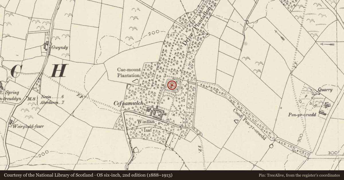 Ordnance Survey six-inch map, 2nd edition (1888–1913) covering the location of Sundial in walled garden at Cefnamwlch, Tudweiliog, Gwynedd, with a pin at the register's coordinates