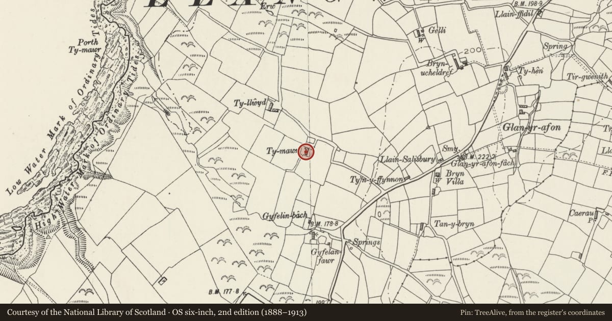 Ordnance Survey six-inch map, 2nd edition (1888–1913) covering the location of Ty Mawr, Tudweiliog, Gwynedd, with a pin at the register's coordinates
