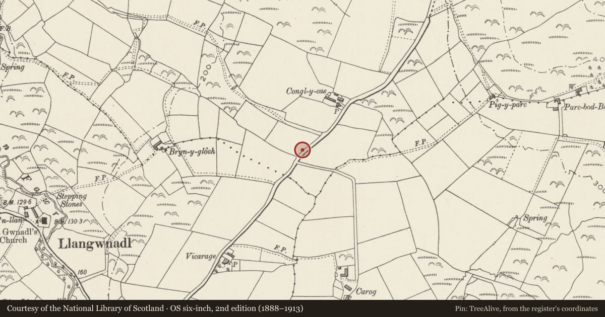 Ordnance Survey six-inch map, 2nd edition (1888–1913) covering the location of Milestone on B4417, Tudweiliog, Gwynedd, with a pin at the register's coordinates