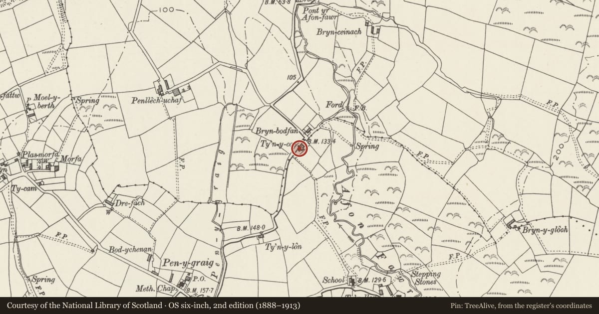 Ordnance Survey six-inch map, 2nd edition (1888–1913) covering the location of Tyn Cae, Tudweiliog, Gwynedd, with a pin at the register's coordinates