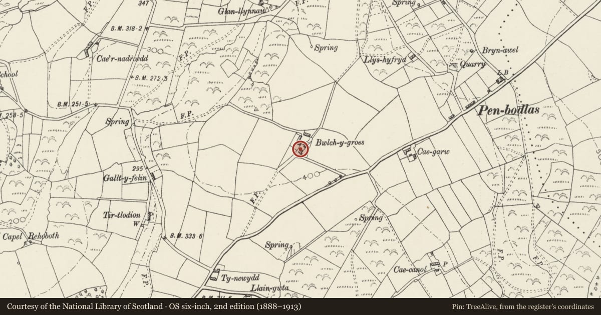 Ordnance Survey six-inch map, 2nd edition (1888–1913) covering the location of Bwlch Groes, Tudweiliog, Gwynedd, with a pin at the register's coordinates