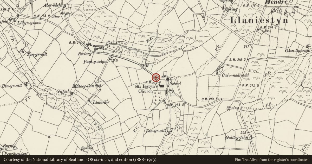 Ordnance Survey six-inch map, 2nd edition (1888–1913) covering the location of Ty'n Llan Bach, Tudweiliog, Gwynedd, with a pin at the register's coordinates