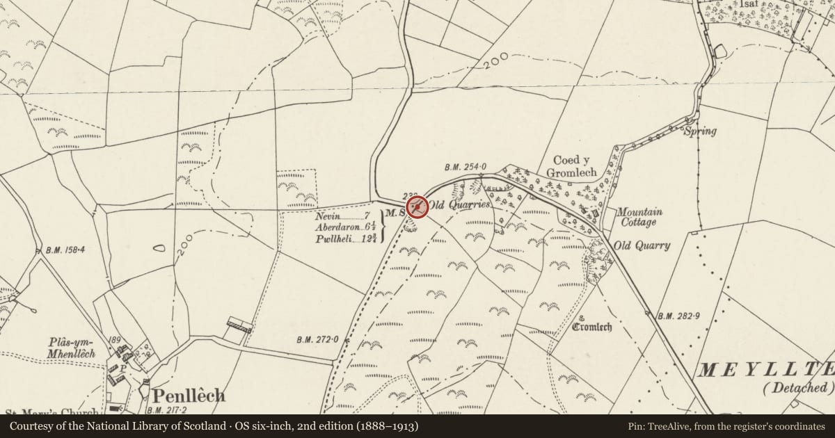 Ordnance Survey six-inch map, 2nd edition (1888–1913) covering the location of Milestone on B4417 junction, Tudweiliog, Gwynedd, with a pin at the register's coordinates