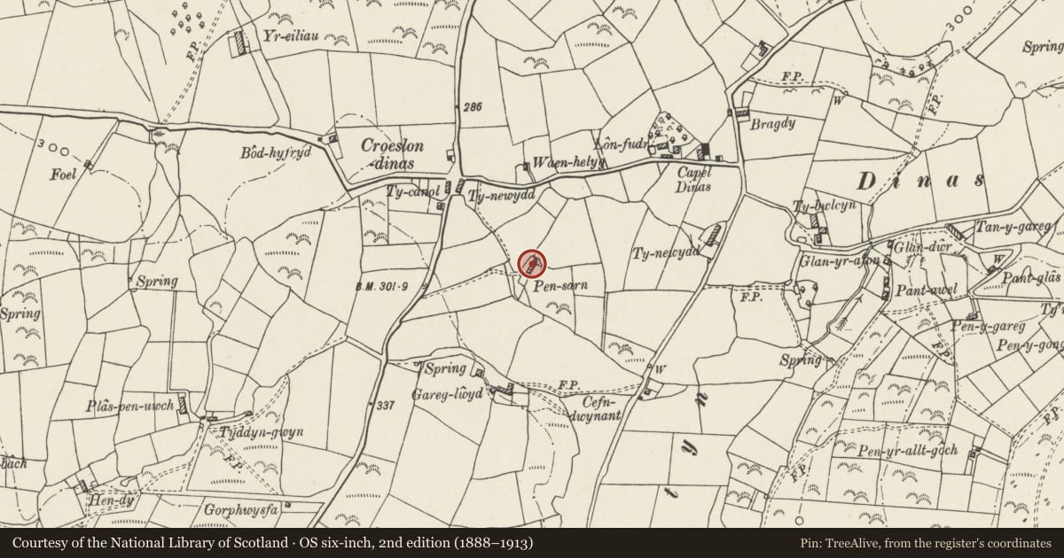 Ordnance Survey six-inch map, 2nd edition (1888–1913) covering the location of Pen-sarn, Tudweiliog, Gwynedd, with a pin at the register's coordinates
