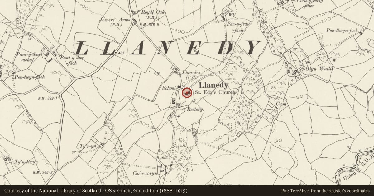 Ordnance Survey six-inch map, 2nd edition (1888–1913) covering the location of Church of Saint Edi, Llanedi, Carmarthenshire, with a pin at the register's coordinates
