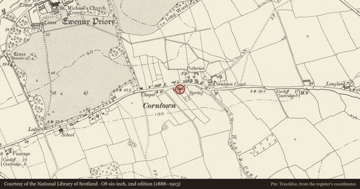 Ordnance Survey six-inch map, 2nd edition (1888–1913) covering the location of Corntown Farmhouse, Ewenny, Vale of Glamorgan, with a pin at the register's coordinates