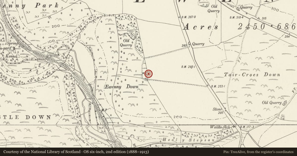 Ordnance Survey six-inch map, 2nd edition (1888–1913) covering the location of Barn on Ewenny Down, Vale of Glamorgan, with a pin at the register's coordinates