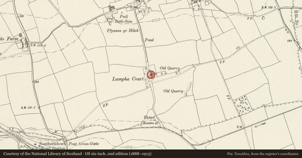 Ordnance Survey six-inch map, 2nd edition (1888–1913) covering the location of Llampha Court and attached barn range, Ewenny, Vale of Glamorgan, with a pin at the register's coordinates