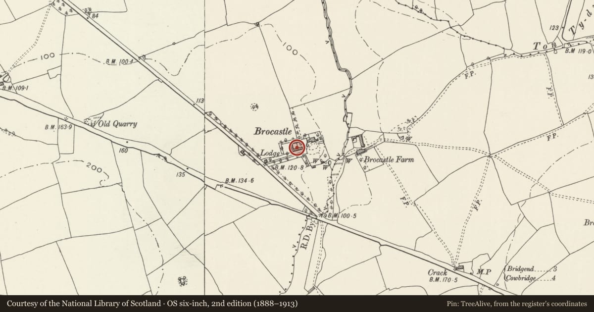 Ordnance Survey six-inch map, 2nd edition (1888–1913) covering the location of Courtyard range at Brocastle, Coychurch Lower, Bridgend, with a pin at the register's coordinates