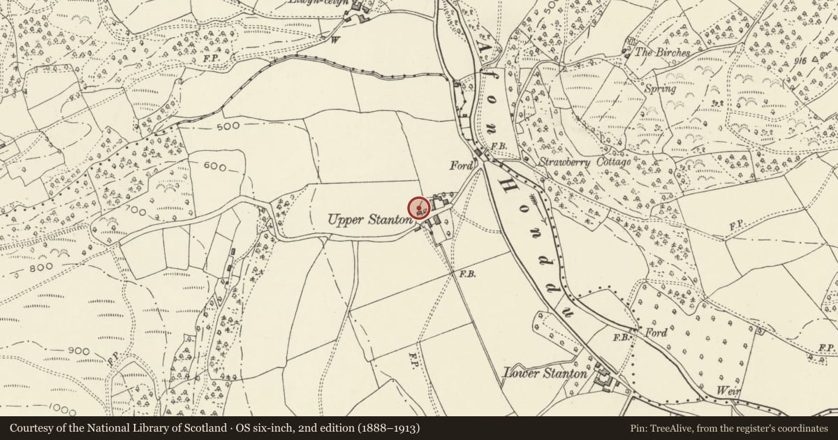 Ordnance Survey six-inch map, 2nd edition (1888–1913) covering the location of Cowhouse at Upper Stanton Farm, Crucorney, Monmouthshire, with a pin at the register's coordinates