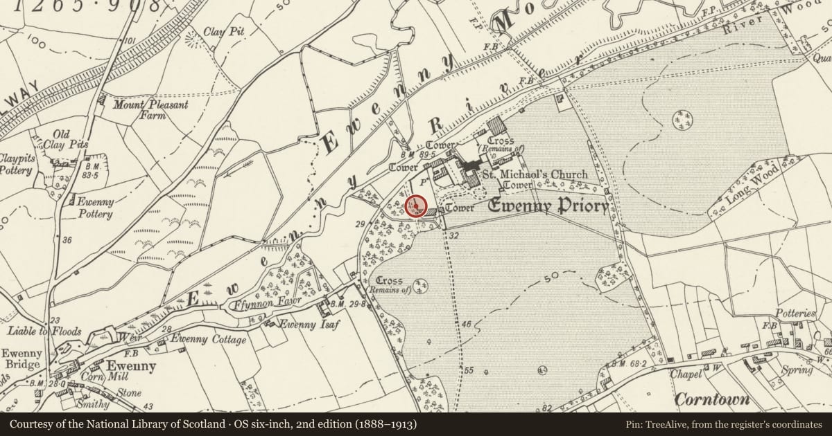 Ordnance Survey six-inch map, 2nd edition (1888–1913) covering the location of W Precinct Wall at Ewenny Priory (house), Vale of Glamorgan, with a pin at the register's coordinates