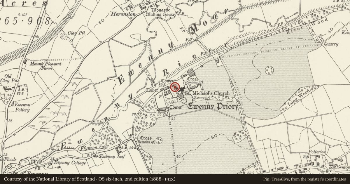 Ordnance Survey six-inch map, 2nd edition (1888–1913) covering the location of NE Precinct Wall at Ewenny Priory (house), Vale of Glamorgan, with a pin at the register's coordinates