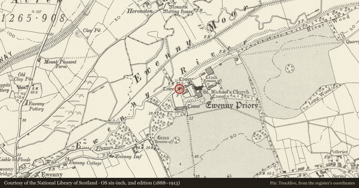Ordnance Survey six-inch map, 2nd edition (1888–1913) covering the location of N Gatehouse at Ewenny Priory (house), Vale of Glamorgan, with a pin at the register's coordinates