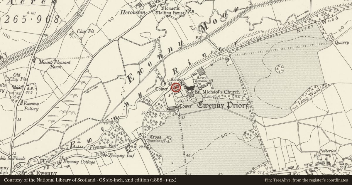 Ordnance Survey six-inch map, 2nd edition (1888–1913) covering the location of Ewenny Priory Barn, Vale of Glamorgan, with a pin at the register's coordinates