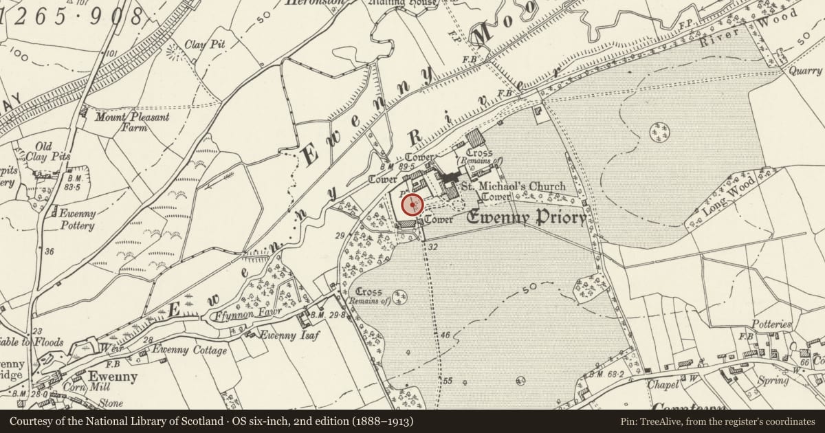 Ordnance Survey six-inch map, 2nd edition (1888–1913) covering the location of Garden wall linking N and S Gatehouses at Ewenny Priory (house), Vale of Glamorgan, with a pin at the register's coordinates