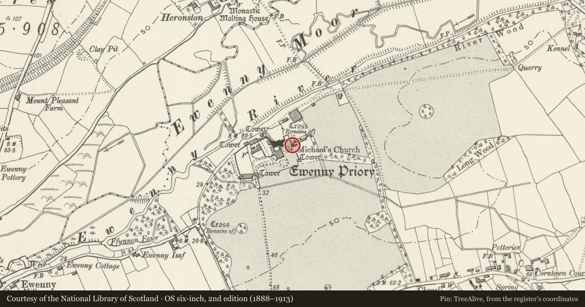 Ordnance Survey six-inch map, 2nd edition (1888–1913) covering the location of E Precinct Wall at Ewenny Priory (house), Vale of Glamorgan, with a pin at the register's coordinates