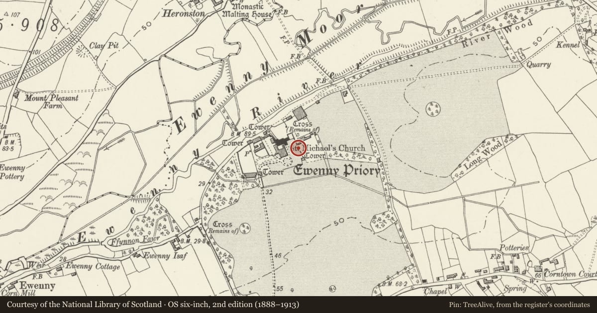 Ordnance Survey six-inch map, 2nd edition (1888–1913) covering the location of Romanesque gateway in former E precinct wall at Ewenny Priory (house), Vale of Glamorgan, with a pin at the register's coordinates