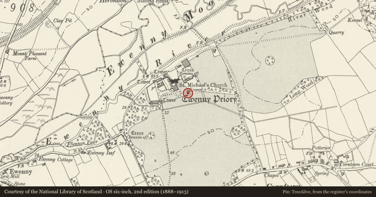 Ordnance Survey six-inch map, 2nd edition (1888–1913) covering the location of Former SE Tower at Ewenny Priory (house), Vale of Glamorgan, with a pin at the register's coordinates