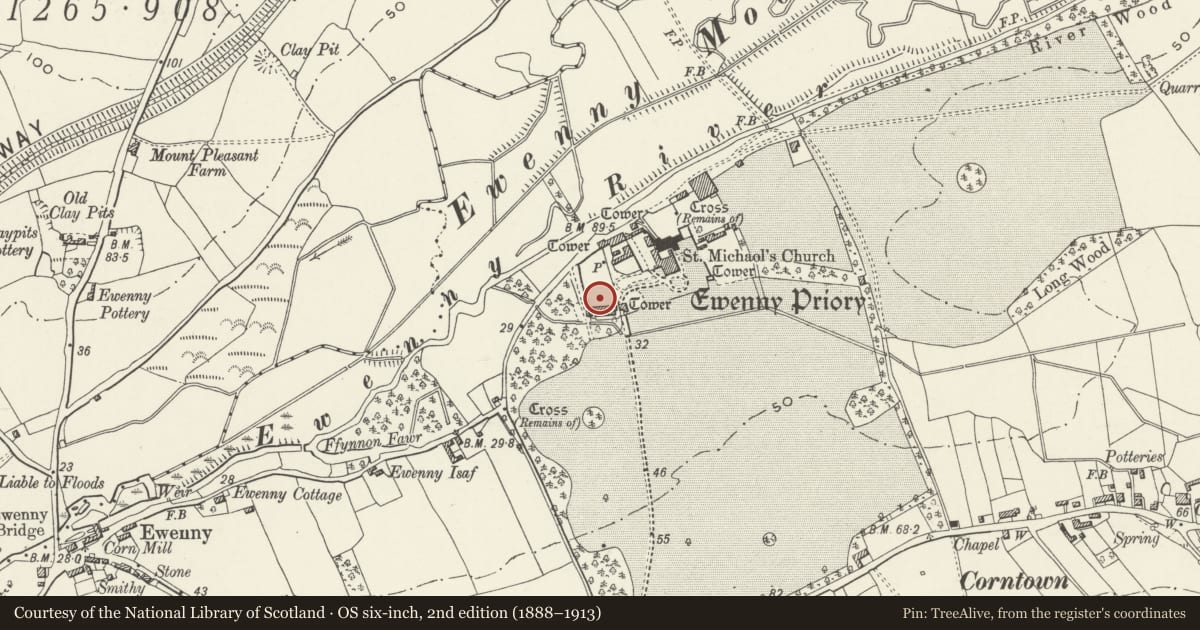 Ordnance Survey six-inch map, 2nd edition (1888–1913) covering the location of Medieval fishpool in W part of Ewenny Priory (house) gardens, Vale of Glamorgan, with a pin at the register's coordinates