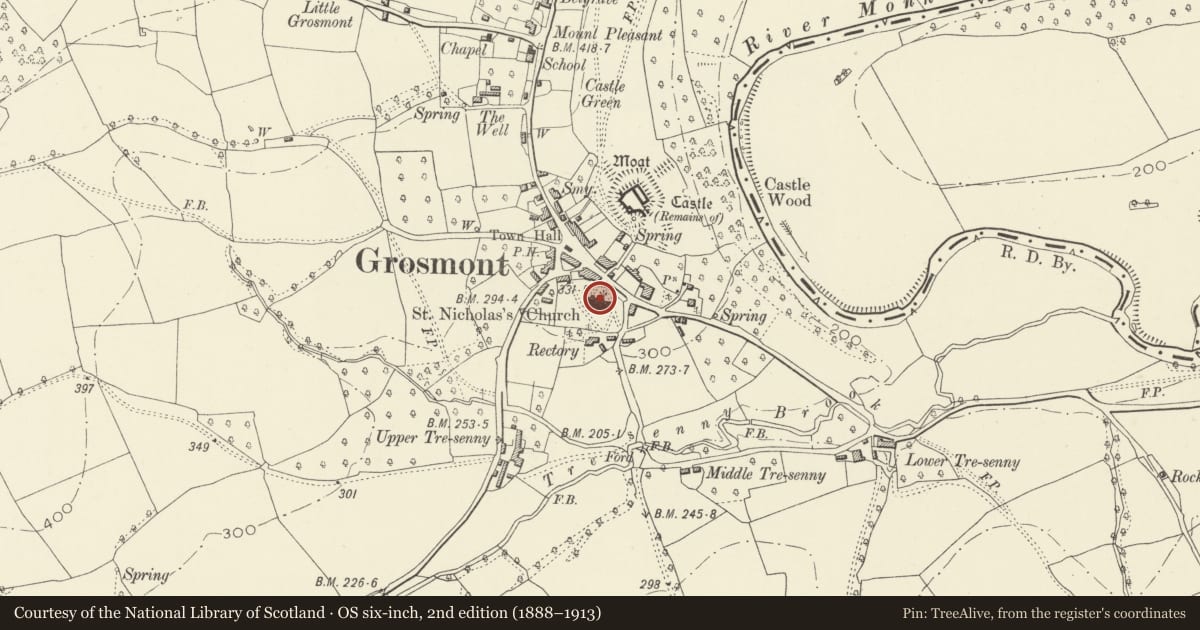Ordnance Survey six-inch map, 2nd edition (1888–1913) covering the location of Church of St Nicholas, Grosmont, Monmouthshire, with a pin at the register's coordinates