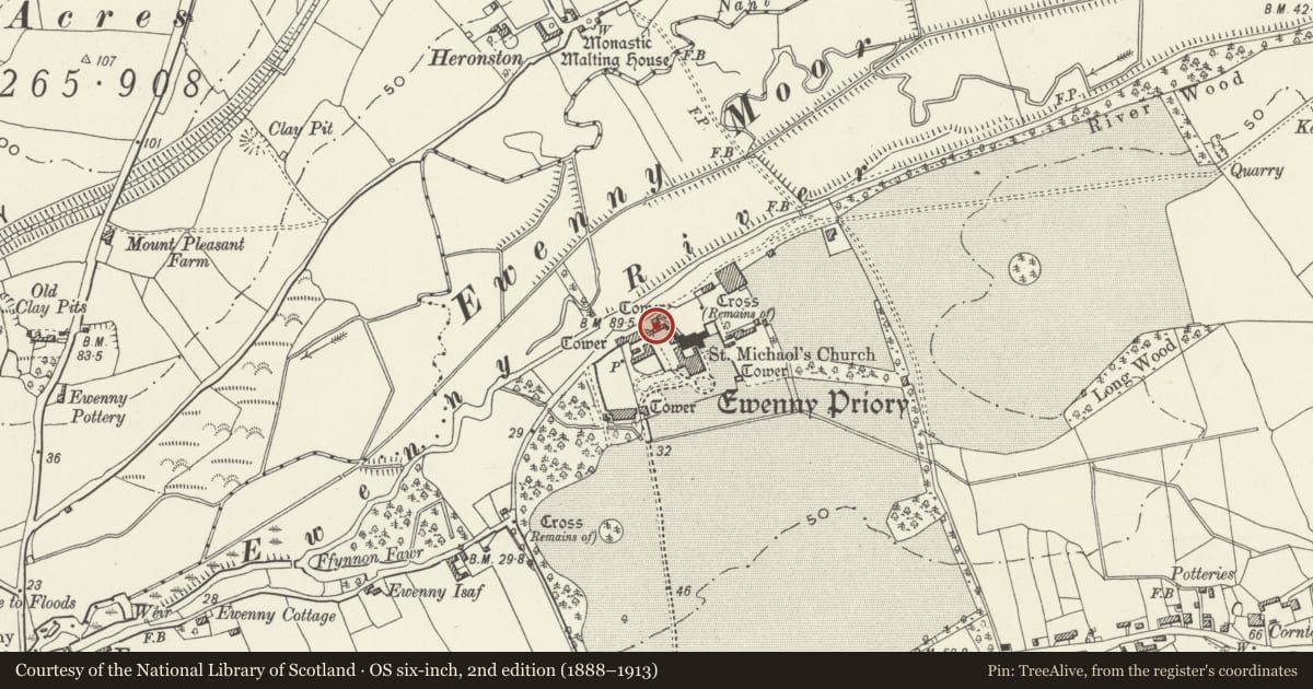Ordnance Survey six-inch map, 2nd edition (1888–1913) covering the location of N tower and attached stretch of precinct wall at Ewenny Priory (house), Vale of Glamorgan, with a pin at the register's coordinates