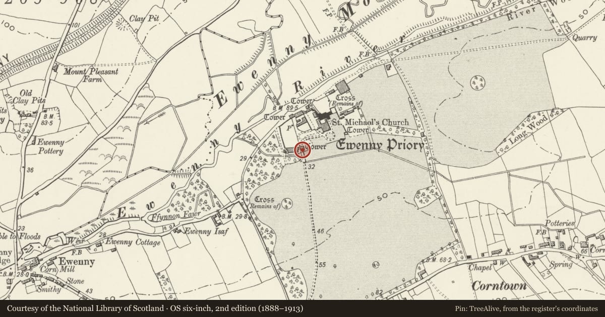 Ordnance Survey six-inch map, 2nd edition (1888–1913) covering the location of S Gatehouse at Ewenny Priory (house), Vale of Glamorgan, with a pin at the register's coordinates