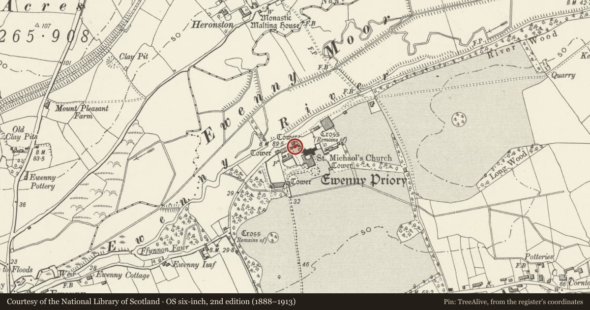Ordnance Survey six-inch map, 2nd edition (1888–1913) covering the location of Stable Court N Range at Ewenny Priory (house), Vale of Glamorgan, with a pin at the register's coordinates