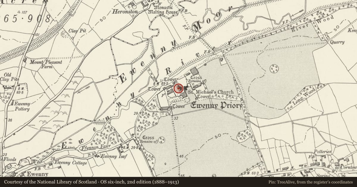 Ordnance Survey six-inch map, 2nd edition (1888–1913) covering the location of Stable Court E Range at Ewenny Priory (house), Vale of Glamorgan, with a pin at the register's coordinates