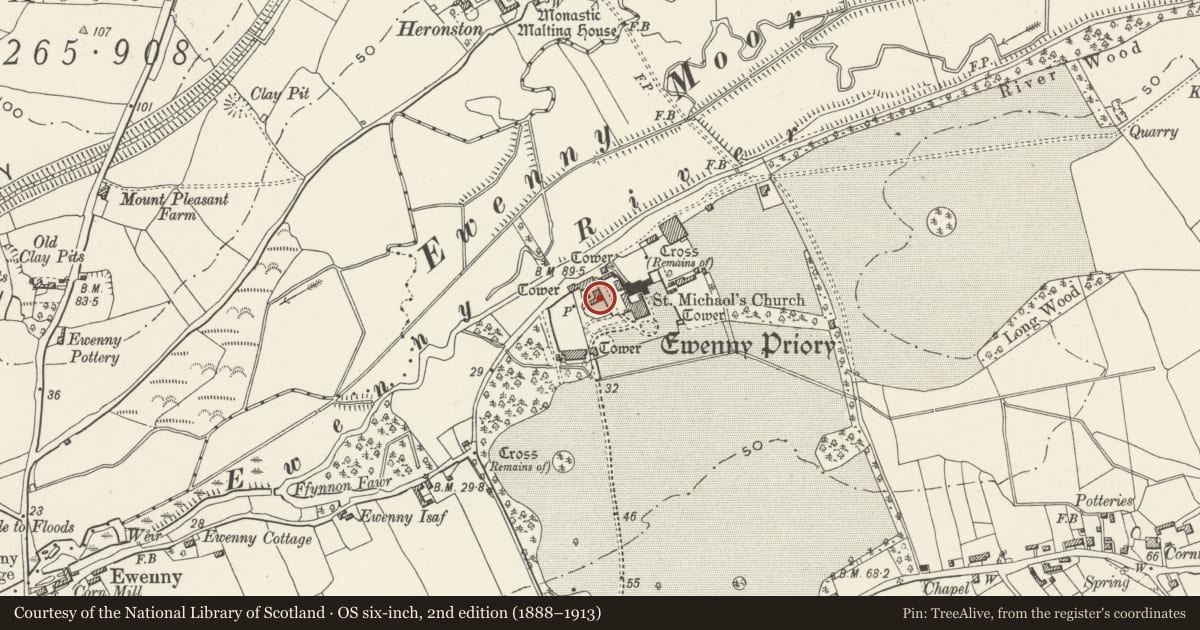Ordnance Survey six-inch map, 2nd edition (1888–1913) covering the location of Stable Court W Range at Ewenny Priory (house), Vale of Glamorgan, with a pin at the register's coordinates