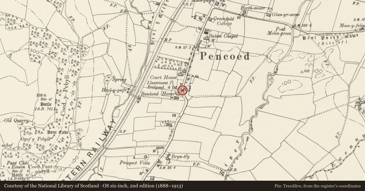 Ordnance Survey six-inch map, 2nd edition (1888–1913) covering the location of Milestone, Coychurch Road, Pencoed, Bridgend, with a pin at the register's coordinates