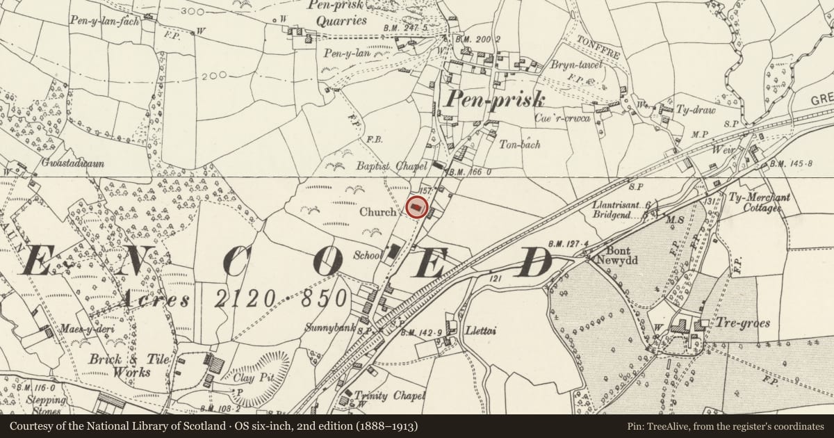 Ordnance Survey six-inch map, 2nd edition (1888–1913) covering the location of Church of St David, Pencoed, Bridgend, with a pin at the register's coordinates